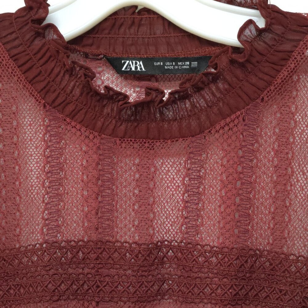Zara Sheer Lace Blouse S Smocked Ruffle Burgundy Red Boho Romantic Whimsigoth - Picture 2 of 15